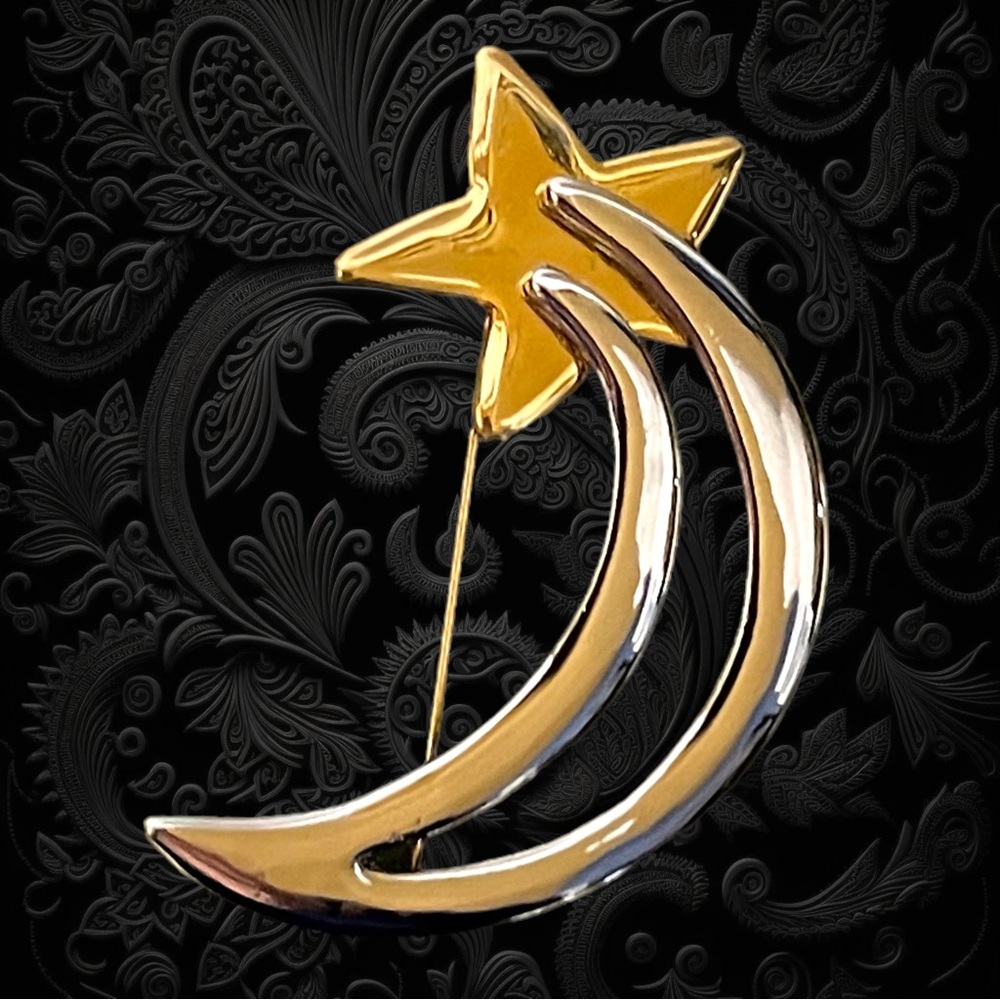 Vintage Danecraft Silvertone Goldtone Crescent Moon and Fallen Star Brooch Pin